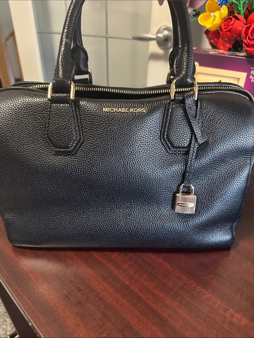 Michael Kors Black Pebbled Leather Satchel with Gold Hardware